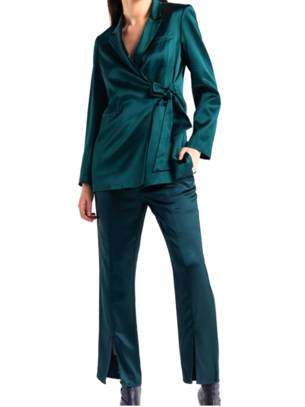 Lattelier Tie-Waist Blazer & Front Slit Trouser Set in Dark Green s/m